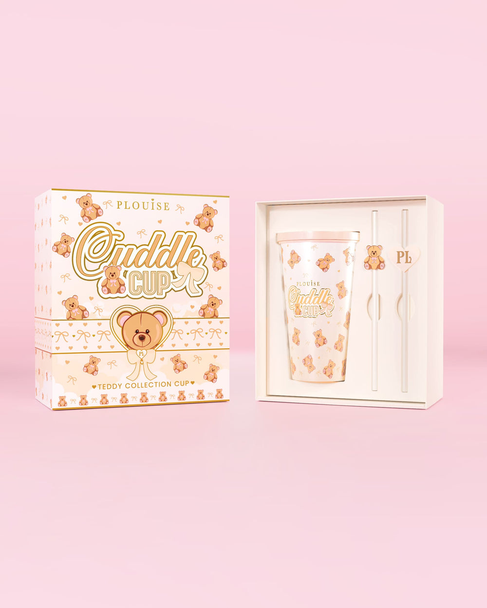Image du gobelet et de la paille P.Louise Teddy Bear Steel Cuddle Cup dans un emballage avec un motif imprimé en peluche