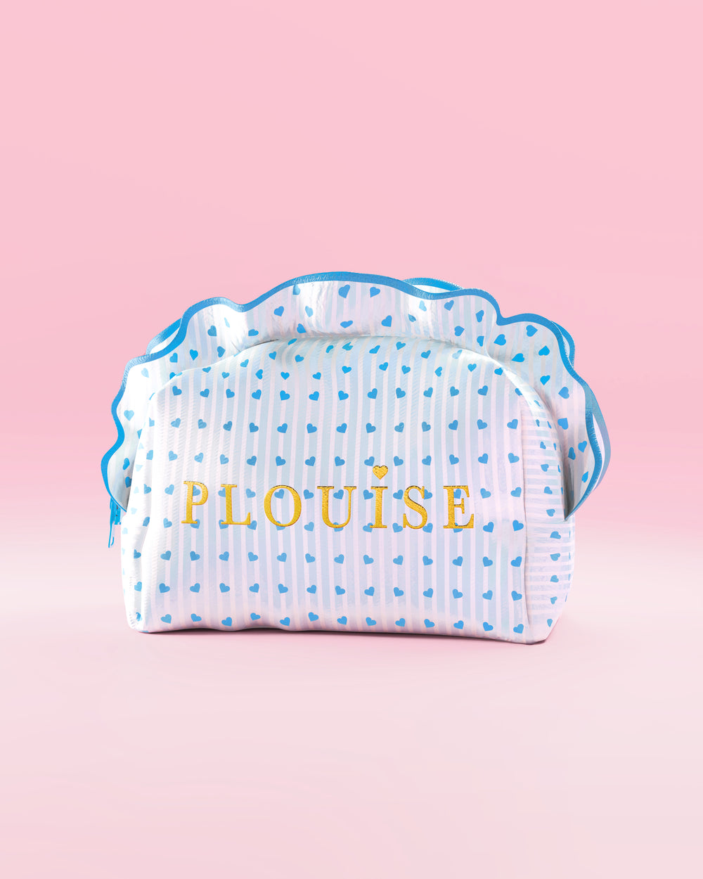 Trousse de maquillage et de soin P.Louise à rayures bleues et blanches avec volants et motif framboise bleu