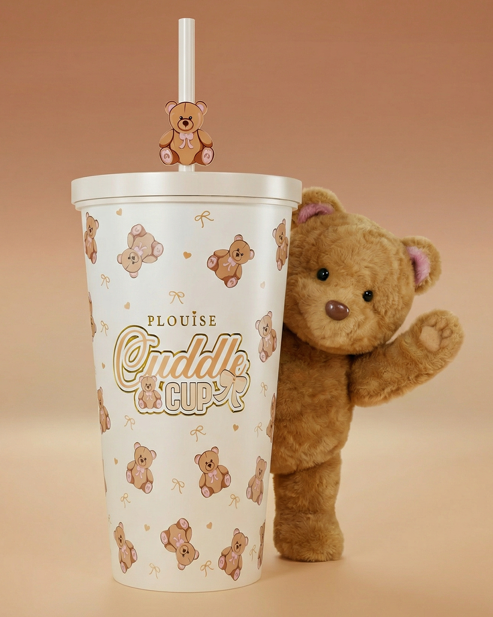 Image du gobelet et de la paille en acier Cuddle Cup P.Louise Teddy Bear avec un ours agitant derrière lui