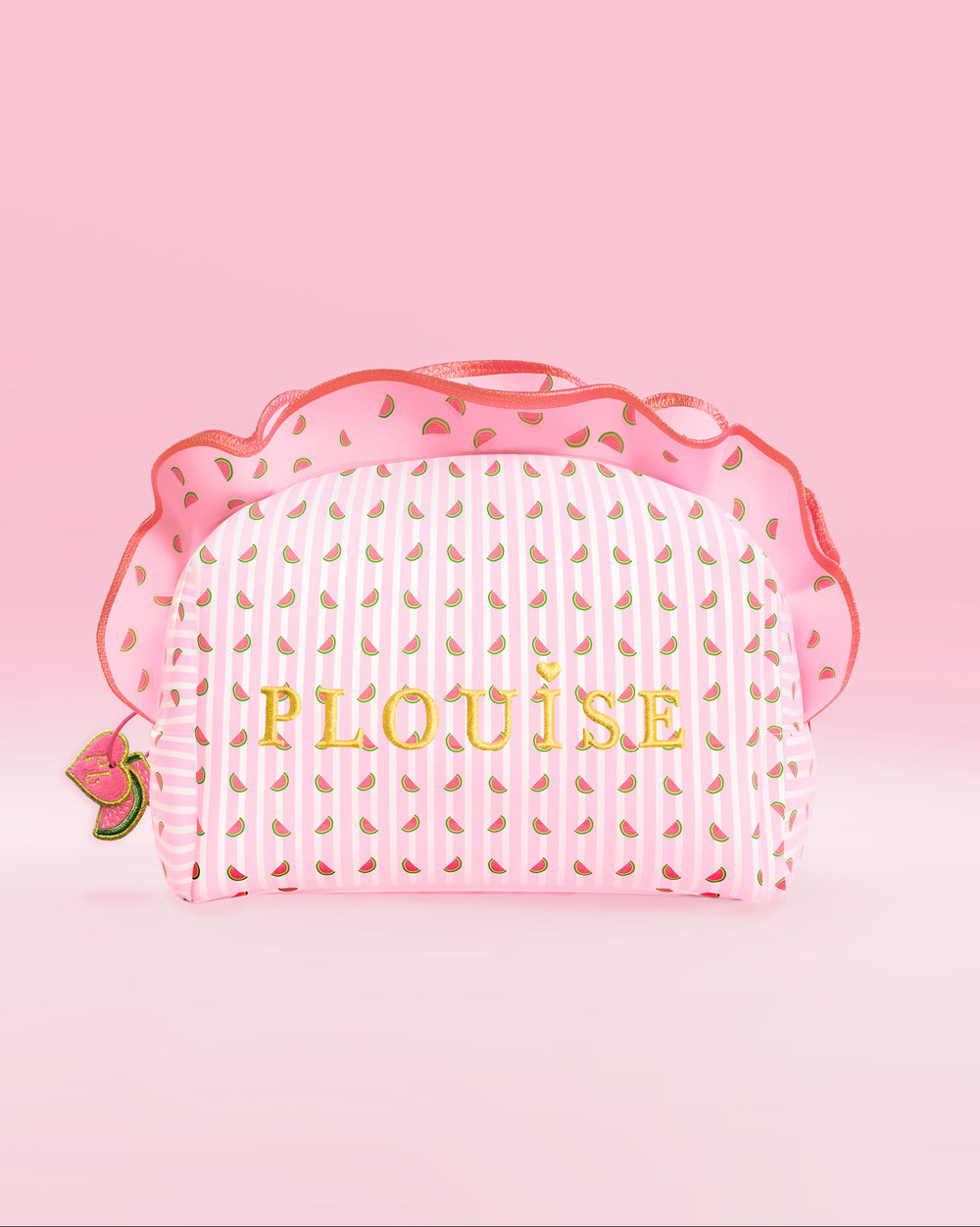 Trousse de maquillage et de soin P.Louise à rayures roses et blanches avec volants et graphisme pastèque
