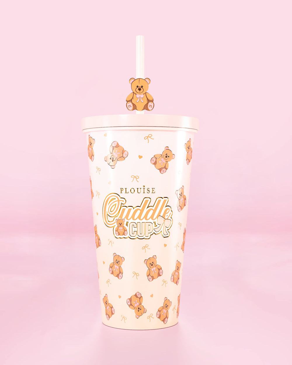 Gobelet en acier avec paille et motif ours en peluche avec texte « Cuddle Cup » sur fond rose