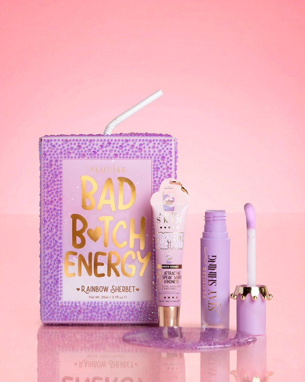 Duo pour les lèvres à paillettes de cristal Purple P.Louise Bad Bitch Energy en sorbet arc-en-ciel comprenant une huile à lèvres brillante et un revitalisant pour les lèvres