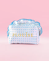 Trousse de maquillage et de soin P.Louise à rayures bleues et blanches avec volants et motif framboise bleu