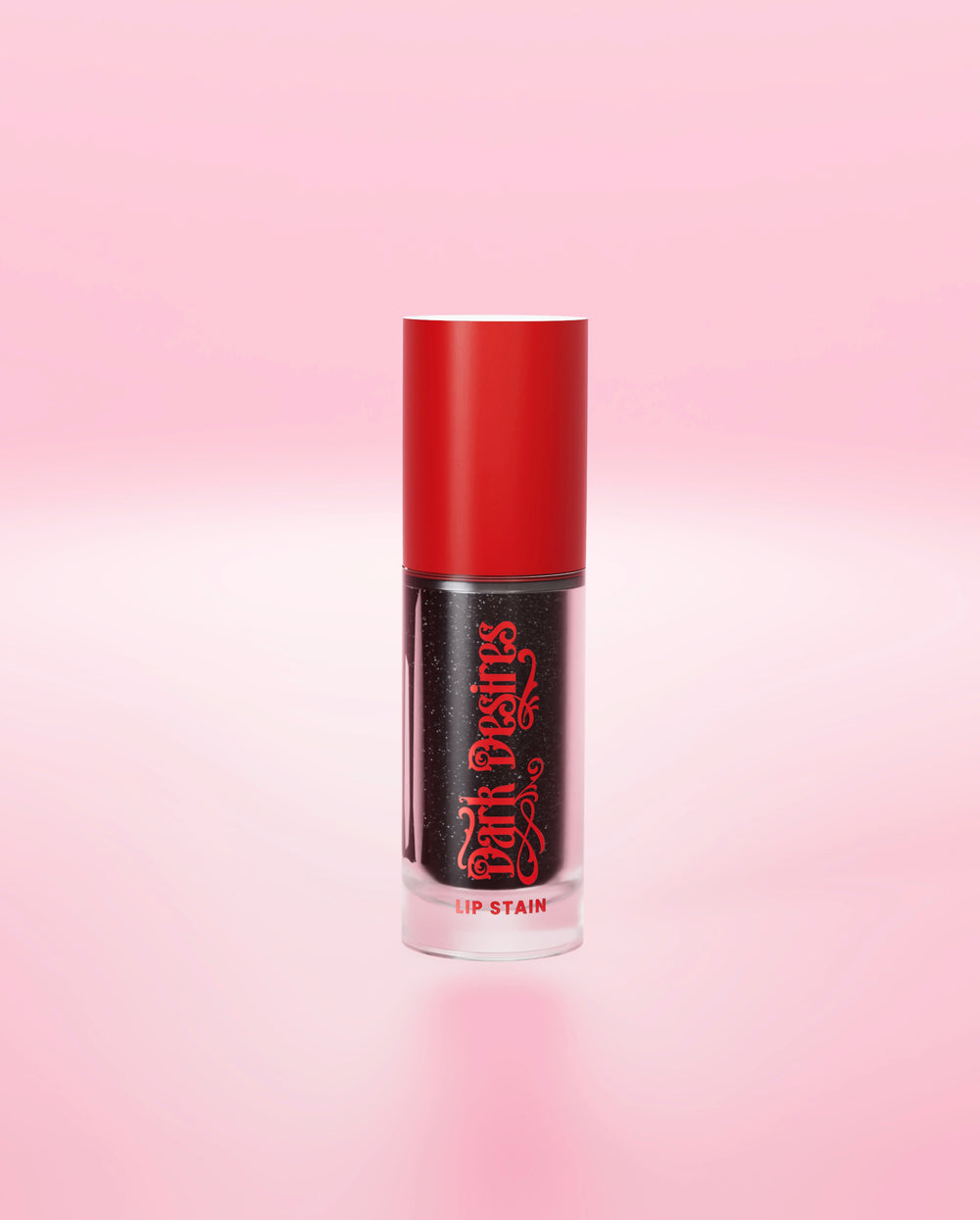 Un rouge à lèvres P.Louise noir à couleur changeante avec capuchon rouge sur fond rose