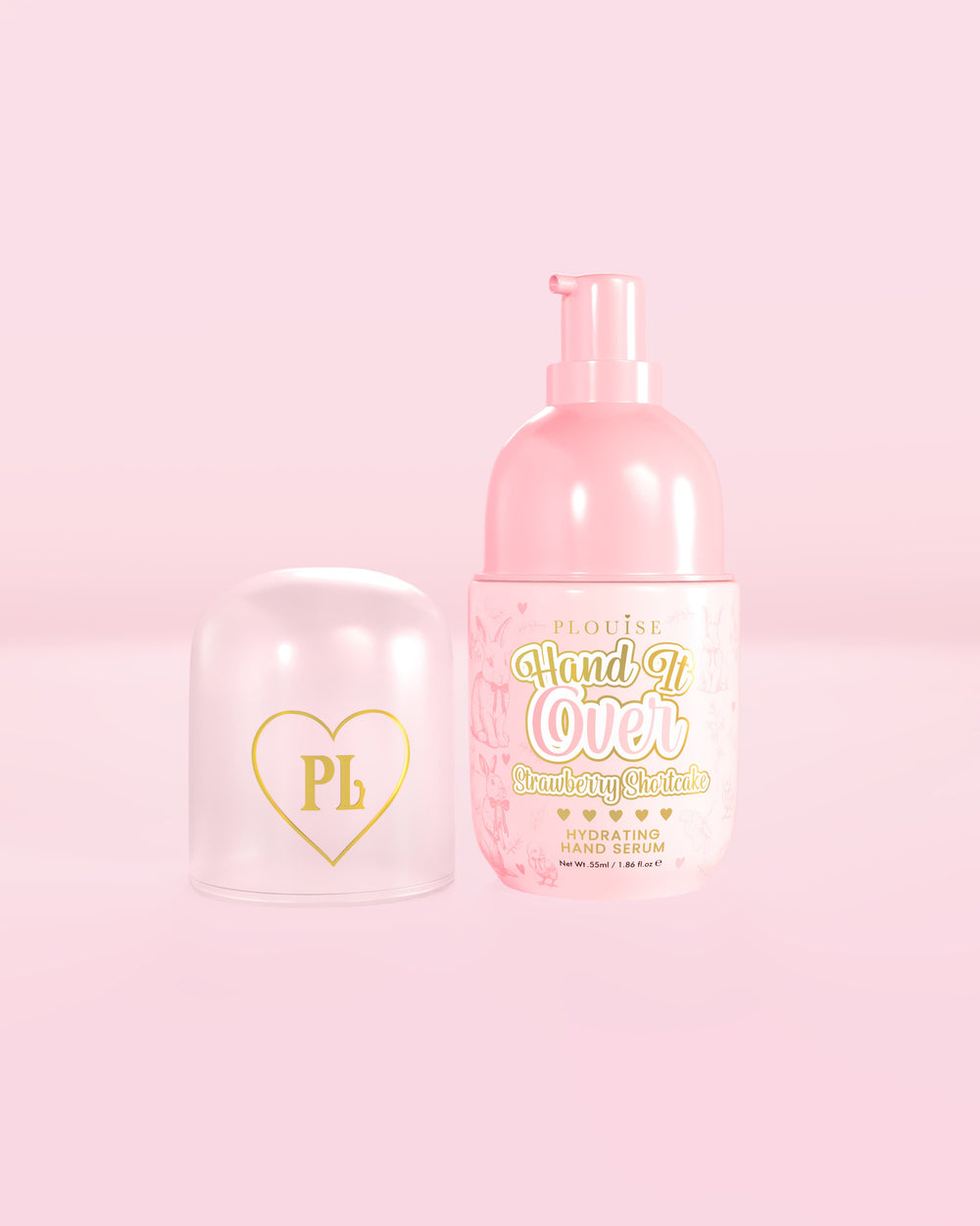 Flacon rose de sérum hydratant pour les mains P.Louise Hand It Over au parfum Shortcake aux fraises 