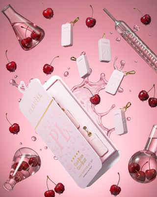 Giant pink PR box gift set containing 5 pink P.Louise hand sanitiser sprays in various cherry scents