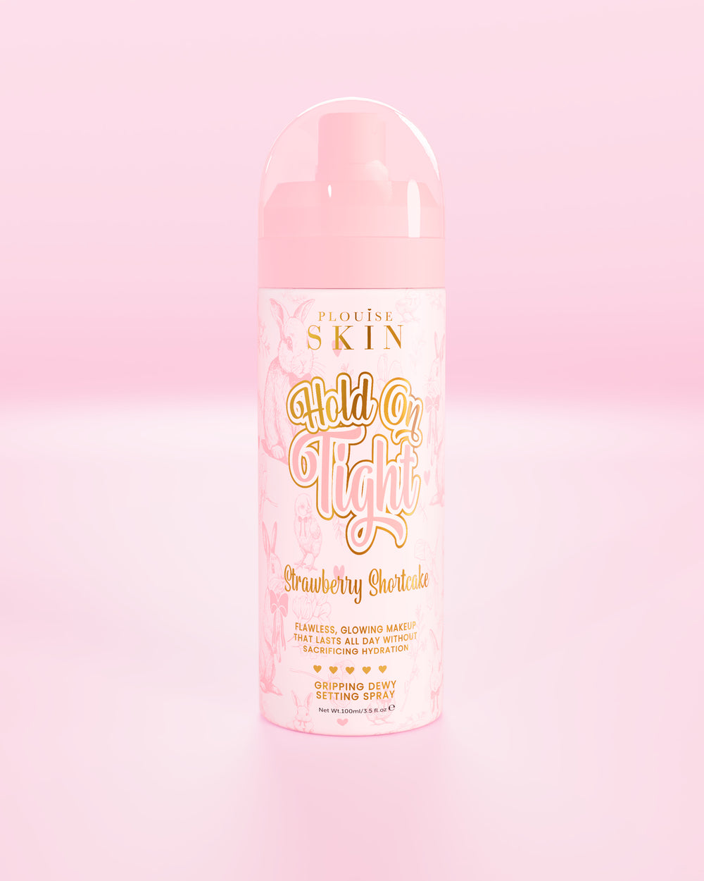 Bouteille rose de P.Louise Hond On Tight, spray fixateur de rosée et adhérent, dans un shortcake aux fraises