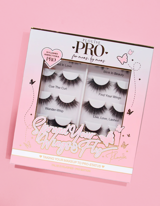 A package of P.Louise Pro Lash Book containing 10 pairs of false eyelashes displayed in a box with heart designs and decorative elements.