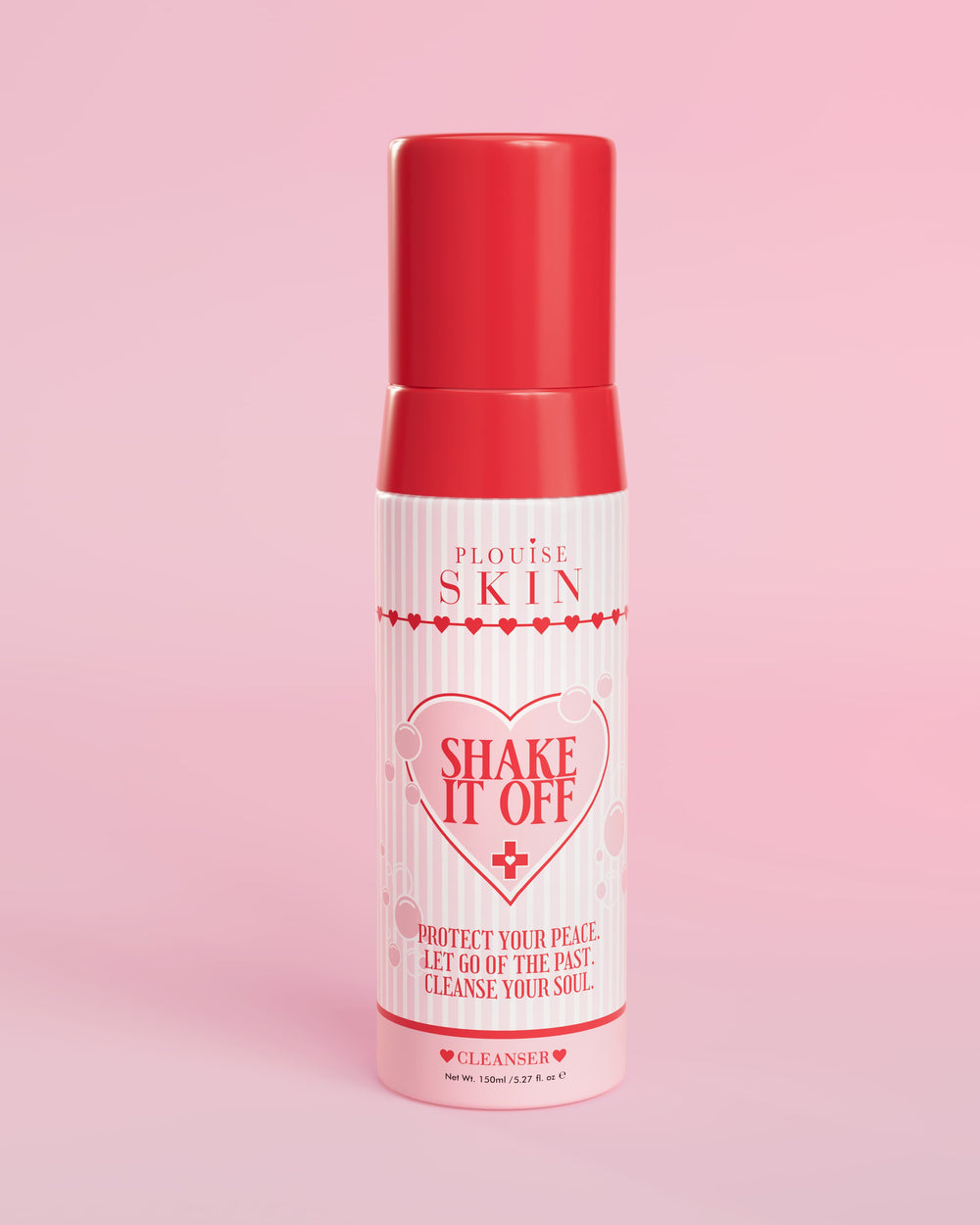 Un flacon pompe de nettoyant moussant pour le visage Shake It Off de P.Louise sur fond rose, avec des informations sur le produit et la marque visibles sur le flacon.
