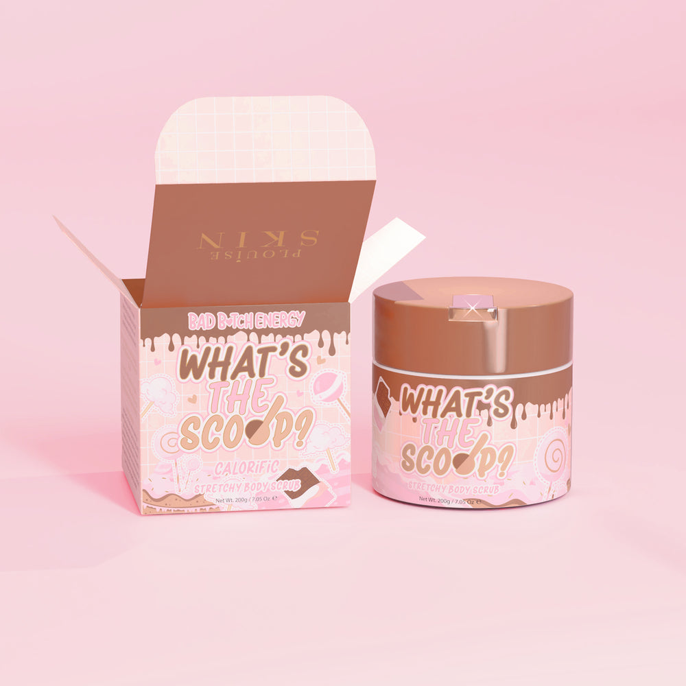 P.Louise « Quel est le scoop ? » gommage corporel extensible au parfum calorifique avec un emballage design calorifique sur fond rose