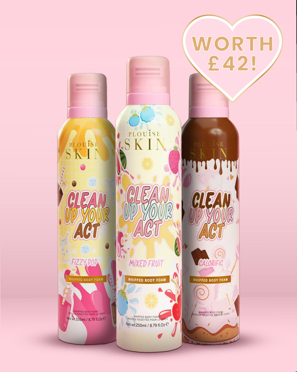 Three bottles of P.Louise whipped body foam body wash with colourful packaging on a pink background.