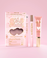 Coffret cosmétique pour sourcils It's A Match comprenant le stylo P.Louise Signature Blend Pen, le crayon à sourcils Blade & Fade et le baume à sourcils, emballés dans des boîtes à thème rose et or avec des motifs de cœur.