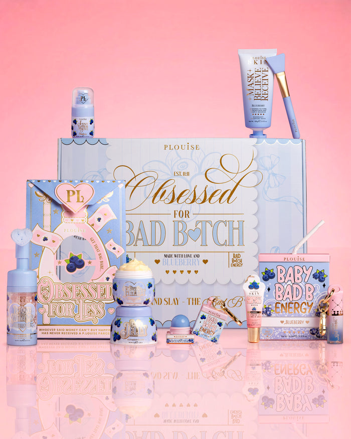 Produits et packaging du Bundle P.Louise Obsessed For Bad Bitch sur fond rose 