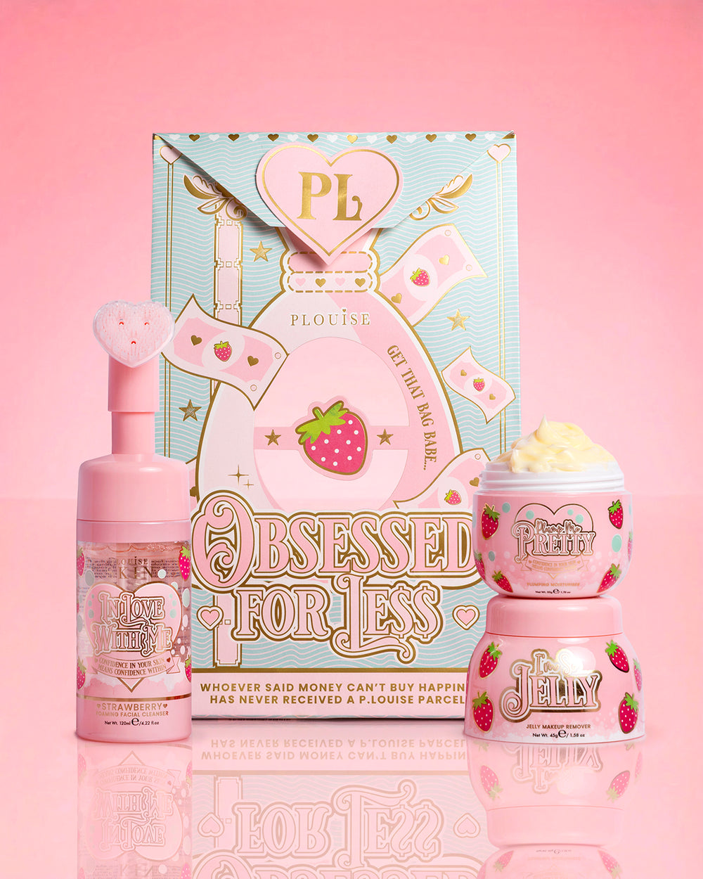 P.Louise Strawberry Obsessed For Less Obsessed For Bad Bitch on a pink background