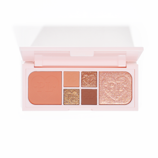 An image of the P.Louise Fluffy Fantasy Mini Eyes & Face Palette featuring creamy mattes and buttery shimmers in an array of peach and neutral shade