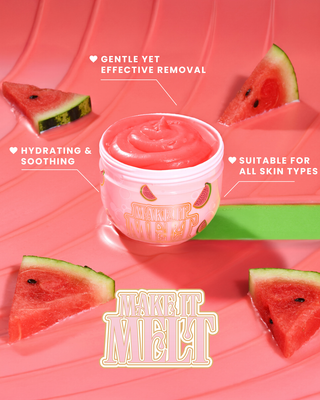 Open tub of P. Louise Make It Melt Makeup Removing Cleansing Balm in Watermelon scent with red cream inside surrounded by watermelons on a red background