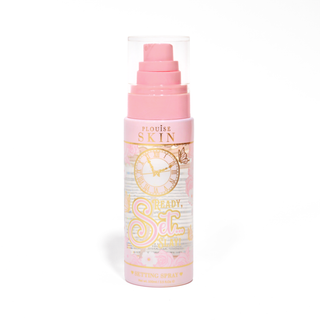 A pink bottle of P. Louise Ready Set Slay Long Lasting Setting Spray on a white background
